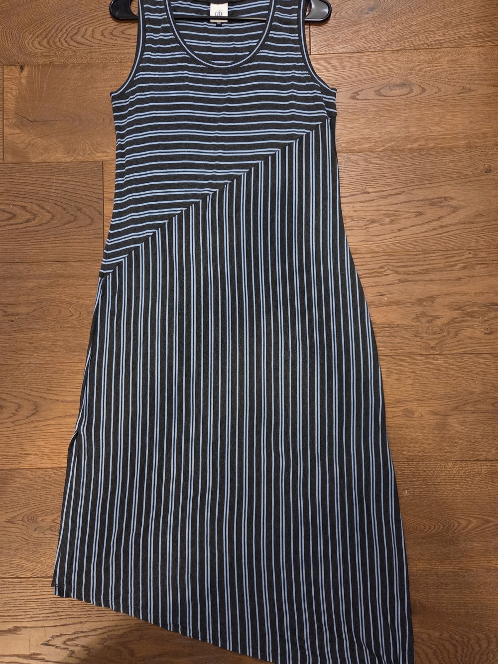 CAbi Charcoal Gray & Light Blue Striped Sleeveless Midi Dress